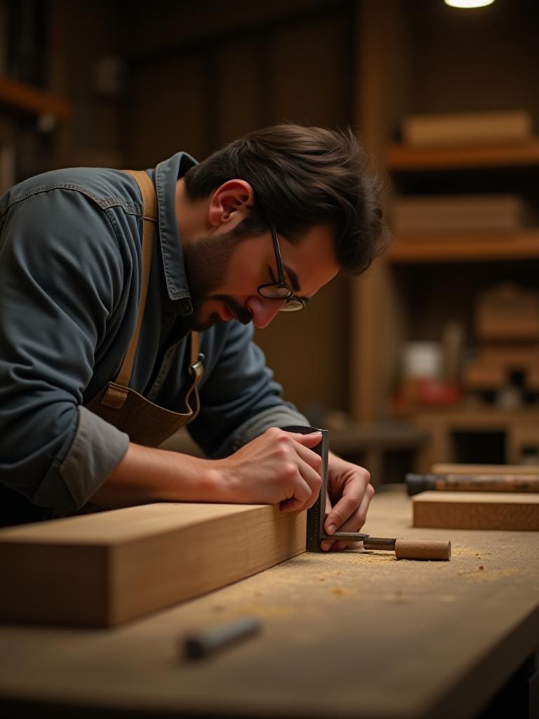 Un artigiano misura una tavola di legno nel laboratorio Echi Del Design.