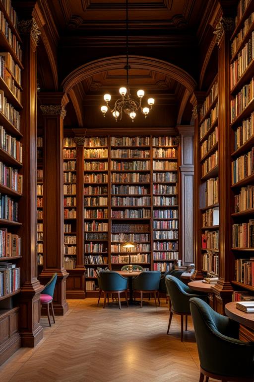 Scaffalature in legno massello dal pavimento al soffitto in una libreria storica di Milano.