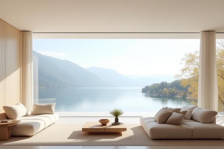 Soggiorno con vista lago e arredi in legno chiaro e tessuti naturali in una villa sul Lago di Como.